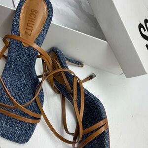 SCHUTZ Denim Blue and Tan Strappy Heels